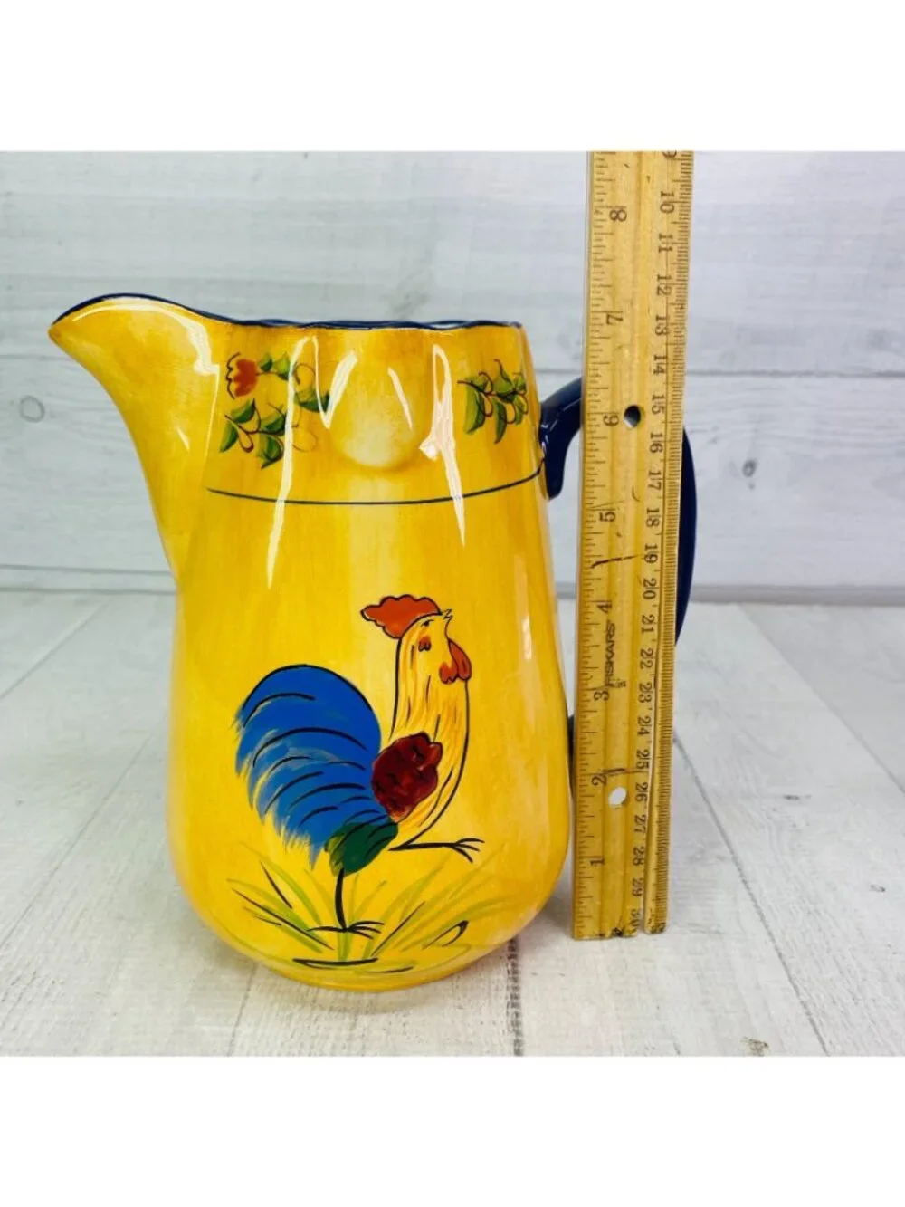 Cracker Barrel FARMHOUSE ROOSTER Colorful Yellow Blue Stoneware Beverage Pitcher